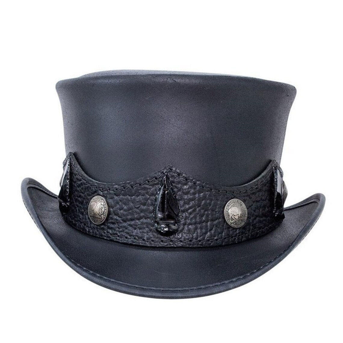 Leather Top Hat - Rocker Style Conchos Band - Black Color - Handmade with 100% Cowhide Leather - Gift for Him - New with Tags